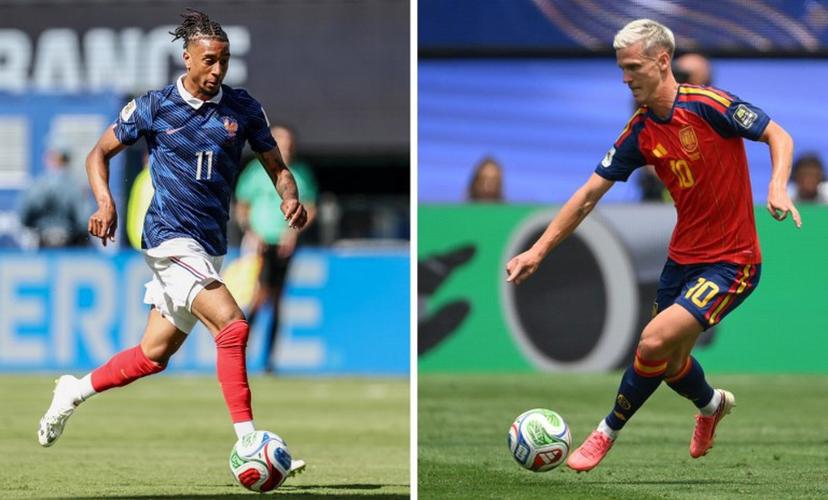 (COMBO) This combination of files photos created on July 12, 2026, shows France's forward #11 Michael Olise in East Rutherford on June 16, 2026 (L); and Spain's forward #10 Dani Olmo in Inglewood on July 10, 2026. France and Spain will meet in a 2026 World Cup semi-final football match at the Dallas Stadium in Arlington on July 14, 2026.  Charly TRIBALLEAU, Patrick T. FALLON / AFP