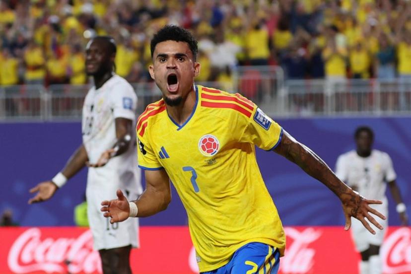 Colombia's forward #07 Luis Diaz celebrates after midfielder #11 Jhon Arias (unseen) scores the first goal during the 2026 World Cup round of 32 football match between Colombia and Ghana at the Kansas City Stadium in Kansas City on July 3, 2026.   Odd ANDERSEN / AFP