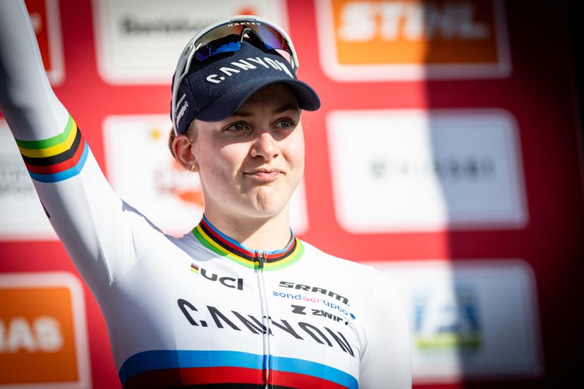 British Zoe Backstedt pictured during the podium ceremony of the Women U23 race at the Belgian Cyclocross Championships in Beringen on Saturday 10 January 2026. BELGA PHOTO DAVID PINTENS