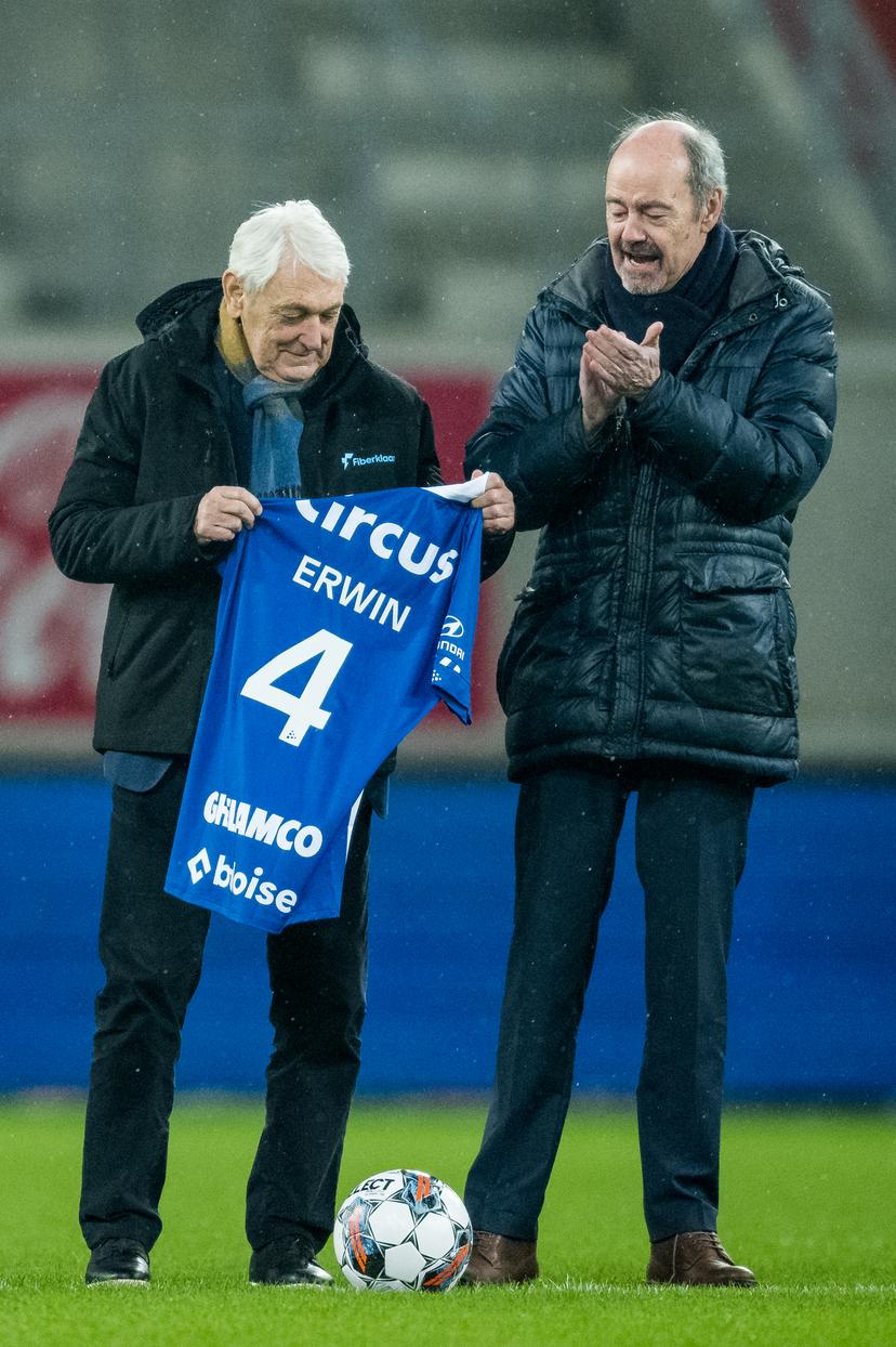 Erwin Vandendaele and Gent's communications manager Patrick Lips pictured at the start of a soccer match between KAA Gent and Sporting Charleroi, Thursday 19 January 2023 in Gent, on day 21 of the 2022-2023 'Jupiler Pro League' first division of the Belgian championship. BELGA PHOTO JASPER JACOBS