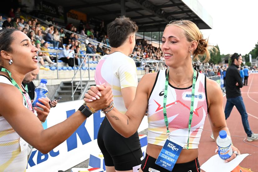 Belgian Delphine Nkansa and Belgian Rani Rosius pictured during the 4x100m mixed relay, at the 47th edition of the Nacht van de Atletiek' athletics meeting in Heusden-Zolder, Saturday 18 July 2026. This Bronze competition is part of the World Athletics Continental Tour. BELGA PHOTO JILL DELSAUX