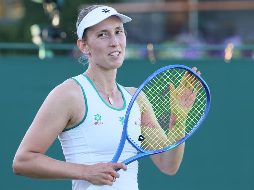 Belgian Elise Mertens reacts during a tennis match against Uzbek Timofeeva, in the second round of the ladies' singles at the Wimbledon grand slam tennis tournament in London, Britain, Thursday 02 July 2026.  BELGA PHOTO BENOIT DOPPAGNE