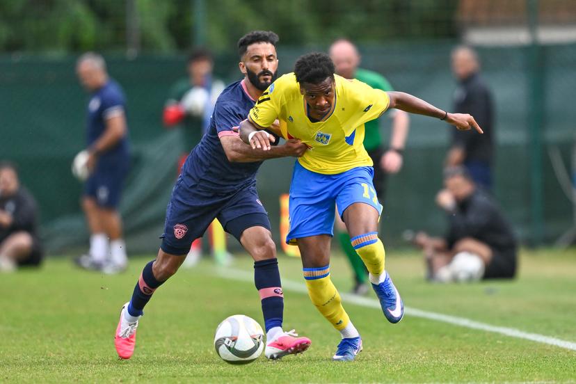 Westerlo's David Nicolas Amegnaglo fights for the ball during a friendly soccer game between Jupiler Pro League team KVC Westerlo and Saudi Arabian team Al Fahya, on Wednesday 22 July 2026 in Westerlo, in preparation of the upcoming 2026-2027 Belgian soccer season. BELGA PHOTO JOHAN EYCKENS