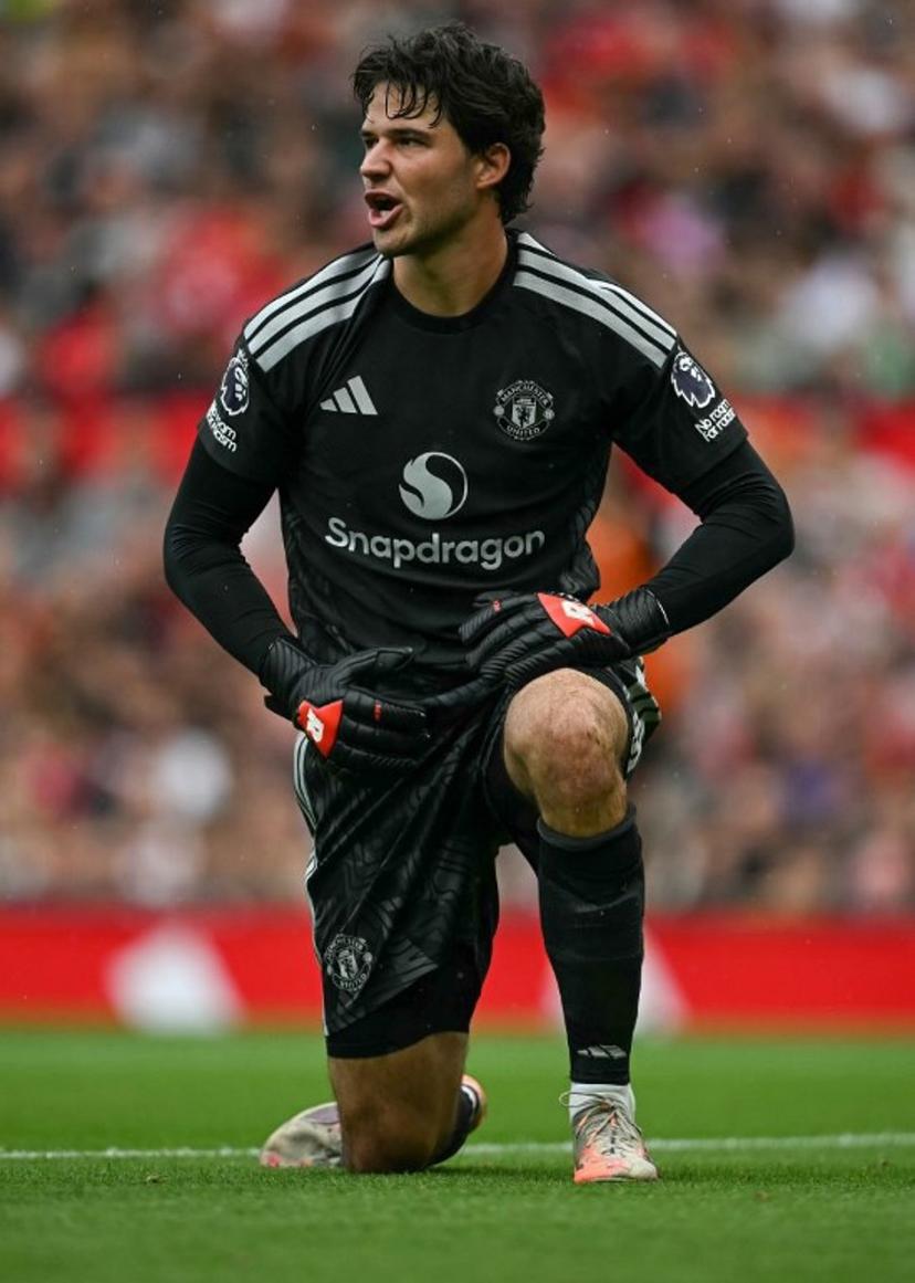 Manchester United's Belgian goalkeeper #01 Senne Lammens reacts after a missed shot from Ipswich during the English Premier League football match between Manchester United and Ipswich Town at Old Trafford in Manchester, north west England, on August 30, 2026.  Paul ELLIS / AFP