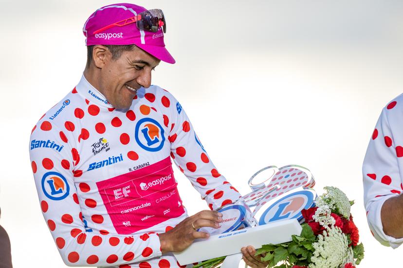 Ecuadorian Richard Carapaz of EF Education-EasyPost pictured on the podium after stage 21 of the 2026 Tour de France cycling race, a stage of 130km from Thoiry to Paris Champs-Elysees , on Sunday 26 July 2026. The 113th edition of the Tour de France starts on Saturday 4 July in Barcelona, Spain, and will finish in Paris, France on the 26th of July. BELGA PHOTO DAVID PINTENS