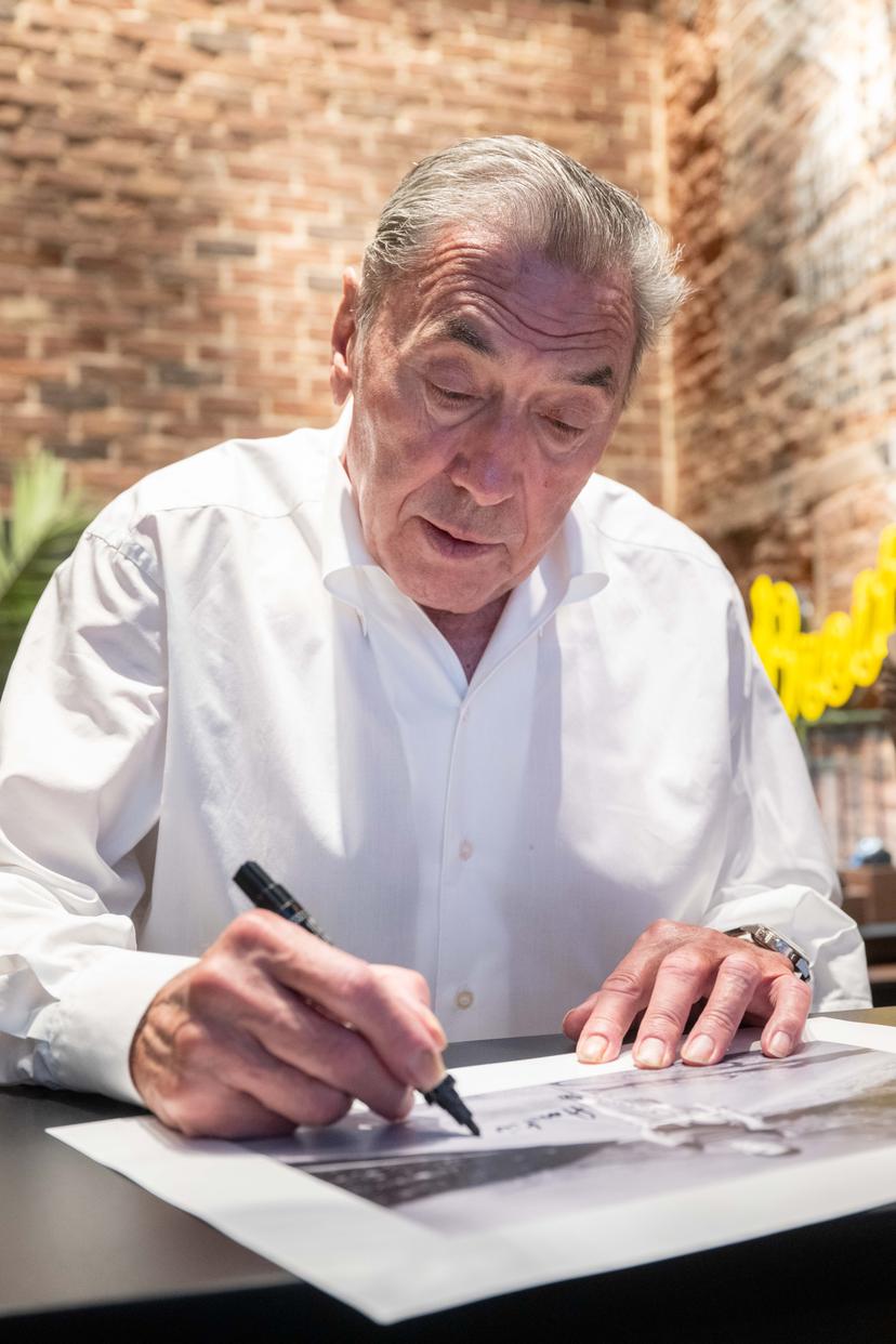 Former Belgian cyclist Eddy Merckx signs an autograph during the launch of the Top Time Eddy Merckx by watch brand Breitling, Tuesday 30 June 2026, in Brussels. BELGA PHOTO JONAS ROOSENS