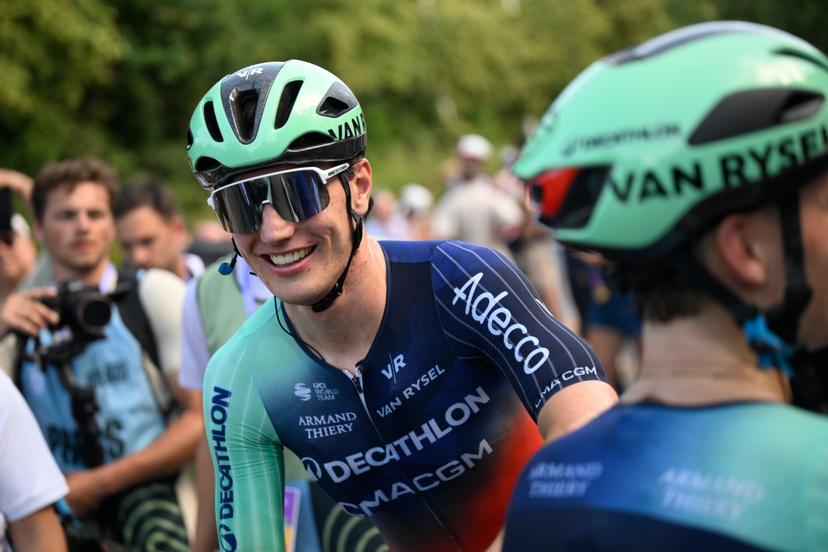 Dutch Olav Kooij of Decathlon CMA CGM Team celebrates after winning stage 4 of the Baloise Belgium Tour cycling race, 183,5km from Begijnendijk to Aarschot, on Saturday 20 June 2026. The Baloise Belgium Tour takes place from 17 to 21 June. BELGA PHOTO JASPER JACOBS