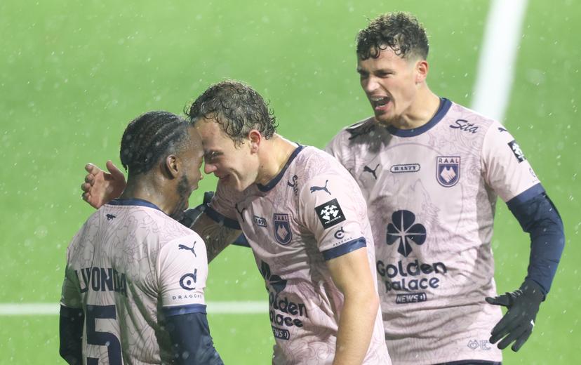 RAAL's Nolan Gillot celebrates after scoring during a soccer match between RAAL La Louviere and Zulte Waregem, Saturday 24 October 2026 in La Louviere, on day 9 of the 2026-2027 'Jupiler Pro League' first division of the Belgian championship. BELGA PHOTO VIRGINIE LEFOUR