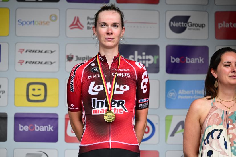 Belgian Shari Bossuyt celebrates on the podium with the gold medal after winning the women's elite race (137km) at the Belgian Cycling Championships, in Brasschaat, on Sunday 28 June 2026. BELGA PHOTO TOM GOYVAERTS