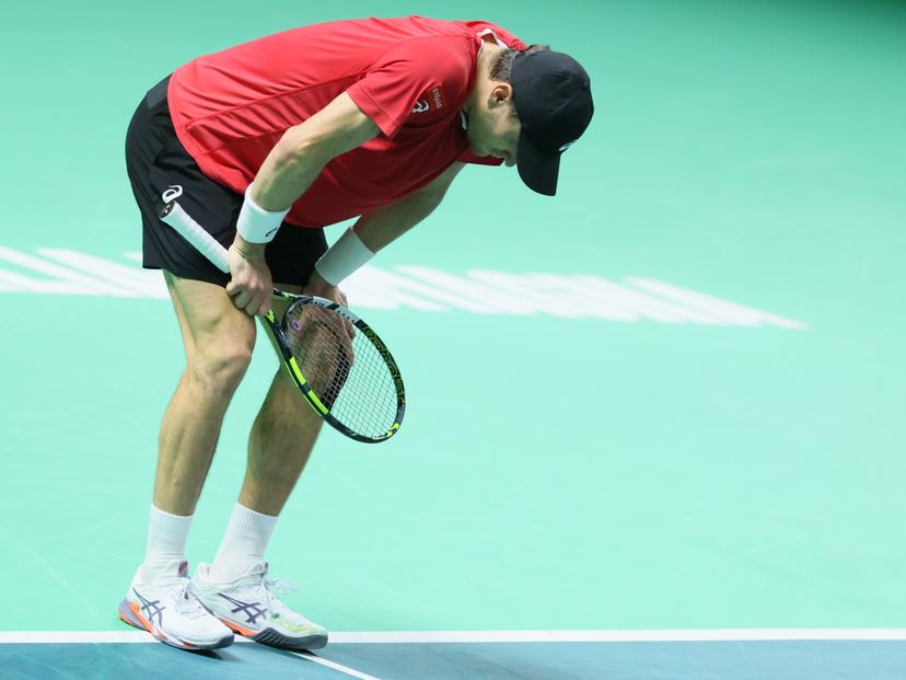 Belgian Raphael Collignon reacts during a tennis match against Italian Berrettini, the first in the Davis Cup semifinals between Belgium and Italy, in Bologna, Italy, on Friday 21 November 2025. The Davis Cup top eight Finals take place in Bologna from November 18 to 23. BELGA PHOTO BENOIT DOPPAGNE