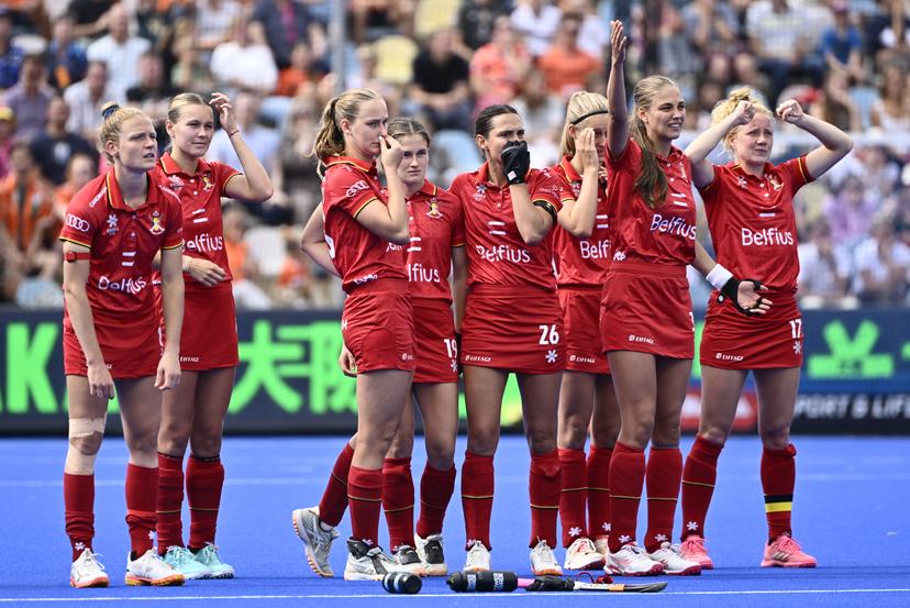 The Red Panthers pictured during a hockey game between Spain and the Belgian national team Red Panthers, the 'small final' to decide on the bronze medal of the 2025 women's European championships, Sunday 17 August 2025 in Monchengladbach, Germany.  BELGA PHOTO ERIC LALMAND