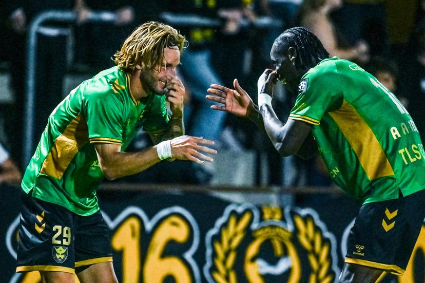 Francs Borains' Maxime Bastian celebrates after scoring during a soccer match between Royal Francs Borains and KSC Lokeren, Sunday 6 September 2026 in Boussu, on day 4 of the 2026-2027 'Challenger Pro League' 1B second division of the Belgian championship. BELGA PHOTO EMILE WINDAL