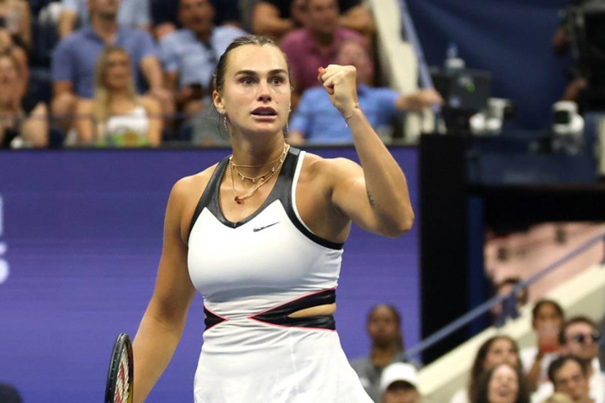 Belarus's Aryna Sabalenka celebrates during her women's singles final tennis match against USA's Amanda Anisimova on day fourteen of the US Open tennis tournament at the USTA Billie Jean King National Tennis Center in New York City, on September 6, 2025.  Timothy A. CLARY / AFP