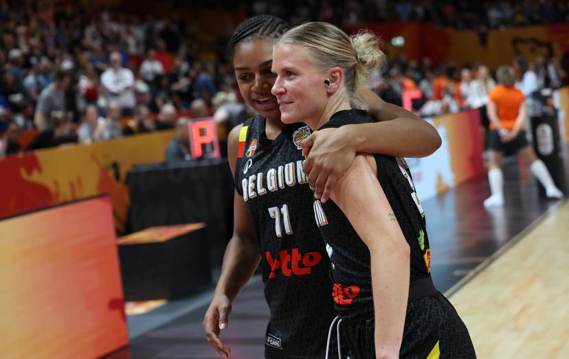 Belgium's Alicia Courthiau and Belgium's Julie Vanloo pictured after a game between Belgian national basketball team Belgian Cats and Puerto Rico,  game 2 of the group phase at the FIBA Women's Basketball World Cup, on Sunday 6 September 2026, in Berlin, Germany. The FIBA Women's Basketball World Cup takes place in Berlin from 4 to 23 September 2026. BELGA PHOTO VIRGINIE LEFOUR
