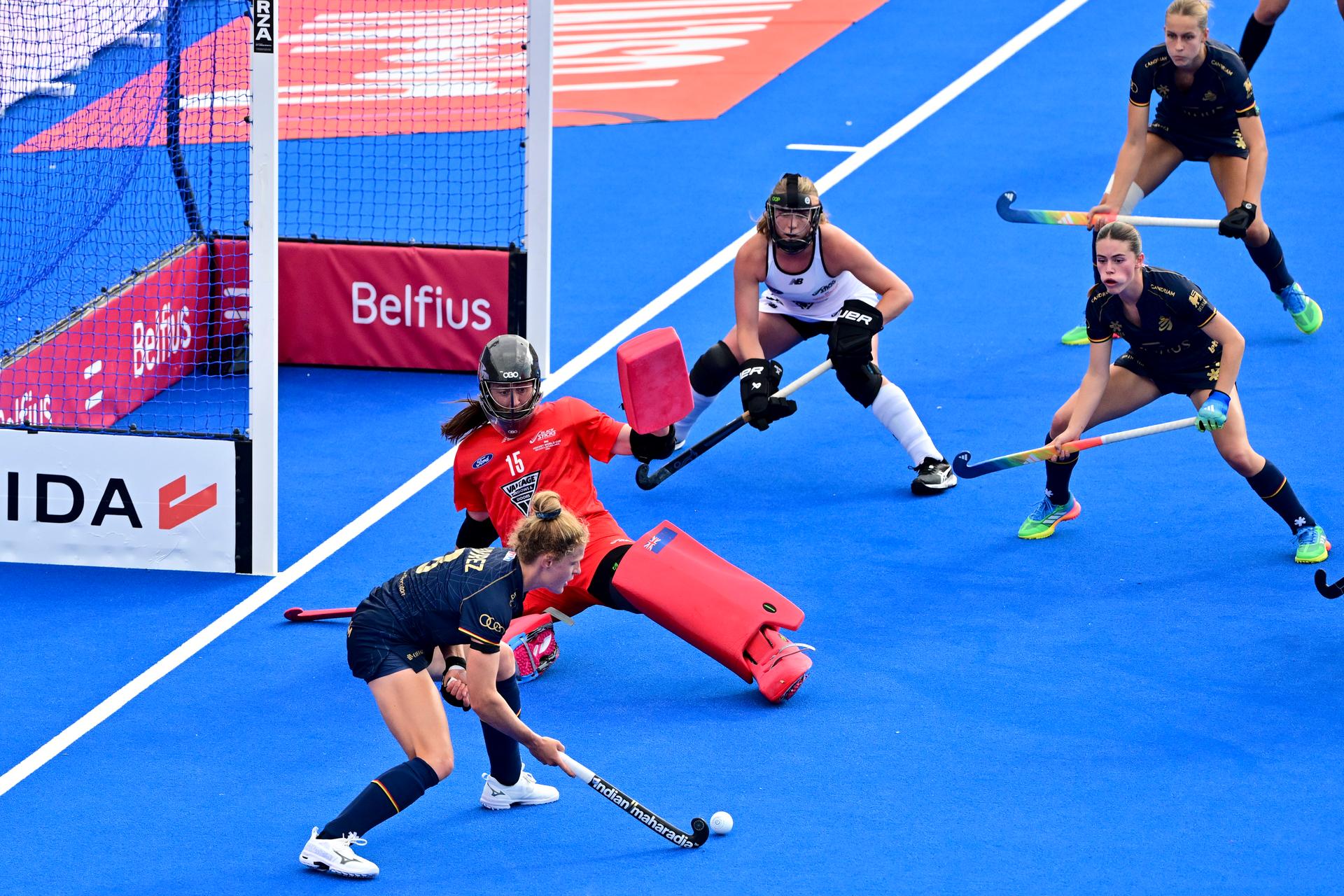 Belgium's Emma Puvrez scores a goal during a hockey game between Belgium's Red Panthers and New Zealand, the first (out of three) matches during the group stage of the women 2026 Hockey World Cup, Sunday 16 August 2026 in Wavre. The 2026 edition of the Hockey World Cup takes place in Belgium and The Netherlands from August 15 to August 30. BELGA PHOTO DIRK WAEM