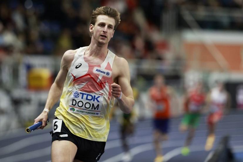 Belgium's Alexander Doom competes in the men's final 4x400 metres relay event during the World Athletics Indoor Championships Kujawy Pomorze 2026 in Torun, Poland on March 22, 2026.  Wojtek RADWANSKI / AFP