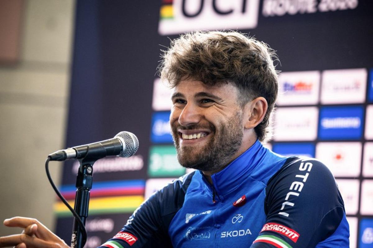 Second place finisher Filippo Ganna of Italy during a press conference after the Men's Elite individual time trial at the 2026 Union Cycliste Internationale (UCI) Road World Championships in Montreal, Quebec, on September 20, 2026.  ANDREJ IVANOV / AFP