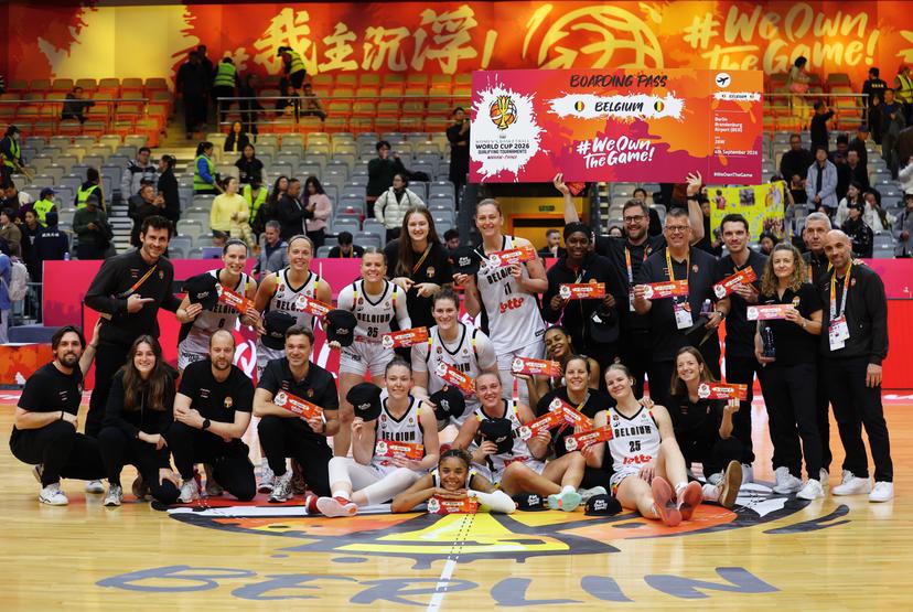 Belgium's national team Belgian Cats celebrate after qualifying for the 2026 FIBA Women's Basketball World Cup, in Wuhan, China, on Tuesday 17 March 2026, after the fifth game (out of 5) of the qualifications phase for the World Cup Basket tournament. BELGA PHOTO NIKOLA KRSTIC