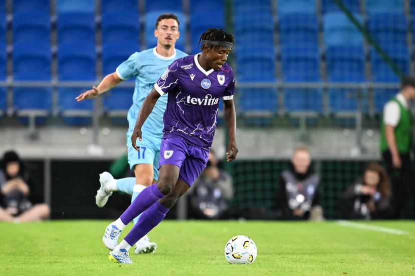Gent's Mathias Delorge and Cherkasy's Adam Yakubu pictured in action during a soccer game between Ukrainian FC LNZ Cherkasy and Belgian KAA Gent, Thursday 23 July 2026 in Plock, Poland, the first leg of the second qualifying round for the UEFA Conference League. BELGA PHOTO JILL DELSAUX