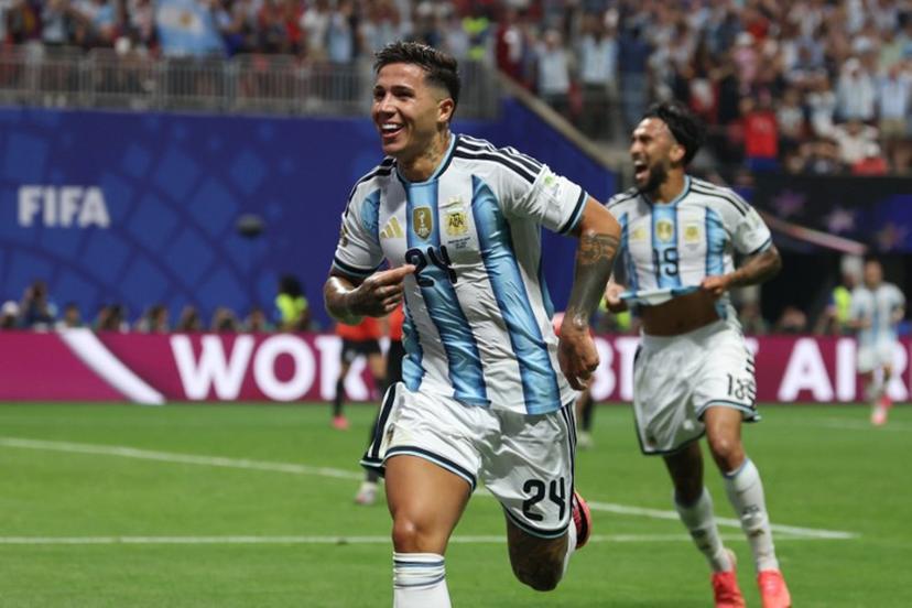 Argentina's midfielder #24 Enzo Fernandez celebrates after scoring his team's third goal during the 2026 World Cup round of 16 football match between Argentina and Egypt at Atlanta Stadium in Atlanta on July 7, 2026.   Odd ANDERSEN / AFP