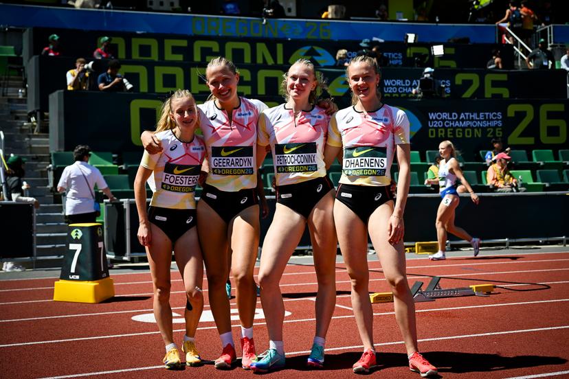 Belgian U20 Lore Foesters (Women's 4x100 Metres Relay); Belgian U20 Martha Geerardyn (Women's 4x100 Metres Relay); Belgian U20 Lauren Petroci-Coninx (Women's 4x100 Metres Relay) and Belgian U20 Ilona Dhaenens (Women's 4x100 Metres Relay) are pictured at the World Athletics U20 Championships, Sunday 9 August 2026, in Eugene, USA. The world championships take place from 5 to 9 August. BELGA PHOTO THOMAS WINDESTAM