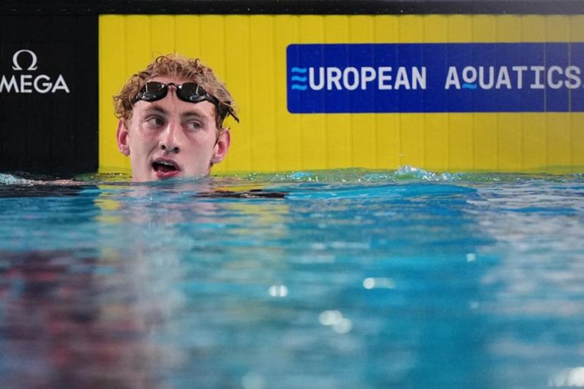 Neutral Athlete B's Ilia Borodin reacts after winning  the final of the men's 400m individual medley swimming event during the LEN European Aquatics Championships at the Olympic Aquatic Centre in Saint-Denis, northern suburbs of Paris, on August 10, 2026.  Dimitar DILKOFF / AFP