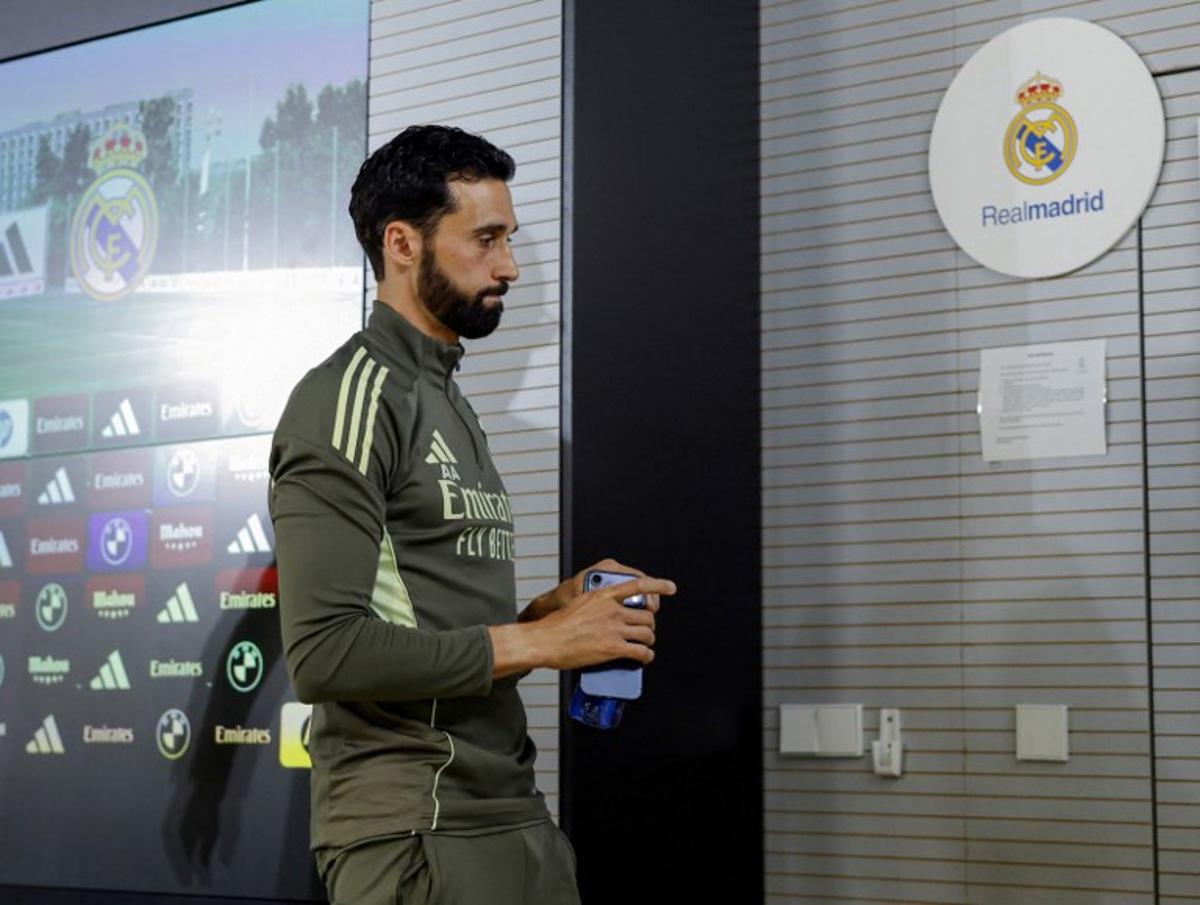 Real Madrid's coach Alvaro Arbeloa leaves after a press conference on the eve of the Spanish league football match between FC Barcelona and Real Madrid CF, at Real Madrid Sports City in Valdebebas, in the outskirts of Madrid, on May 9, 2026.  OSCAR DEL POZO / AFP