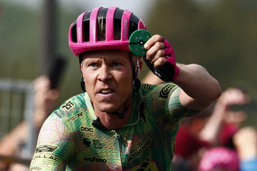 EF Education - EasyPost Danish rider Michael Valgren celebrates as he crosses the finish line to win the 17th stage of the Giro d'Italia 2026 - Tour of Italy cycling race between Cassano d'Adda and Andalo, Italy, on May 27, 2026.  Luca Bettini / AFP