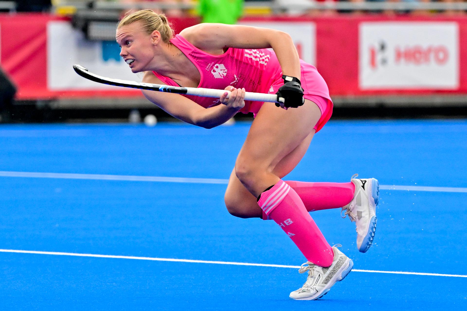 Germany's Lilly Stoffelsma scores during a hockey game between Germany and Scotland, the first (out of three) matches during the group stage of the women's 2026 Hockey World Cup, Saturday 15 August 2026 in Wavre. The 2026 edition of the Hockey World Cup takes place in Belgium and The Netherlands from August 15 to August 30. BELGA PHOTO DIRK WAEM