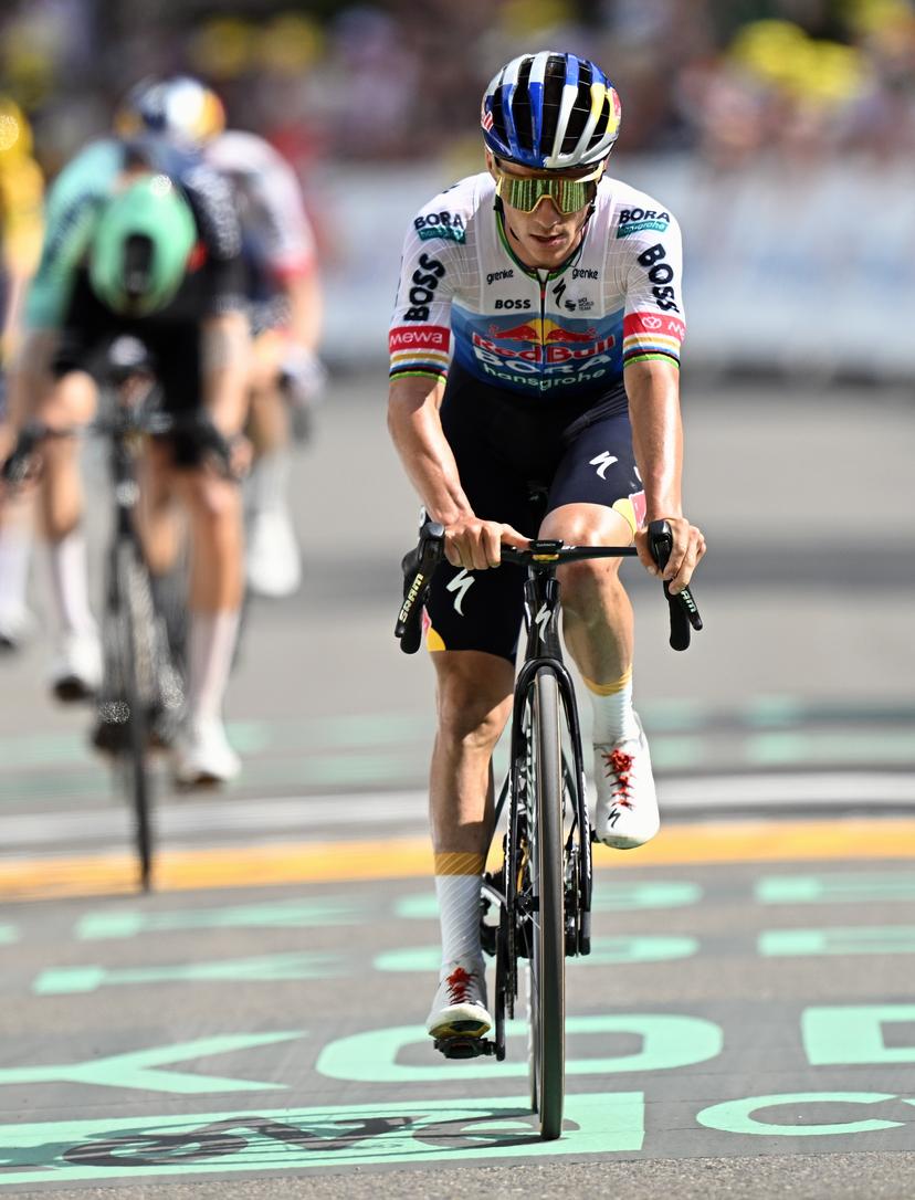 Belgian Remco Evenepoel of Red Bull-BORA-hansgrohe crosses the finish line of stage 6 of the 2026 Tour de France cycling race, a stage of 186 km from Pau to Gavarnie-Gedre, on Thursday 09 July 2026. The 113th edition of the Tour de France starts on Saturday 4 July in Barcelona, Spain, and will finish in Paris, France on the 26th of July. BELGA PHOTO DAVID PINTENS