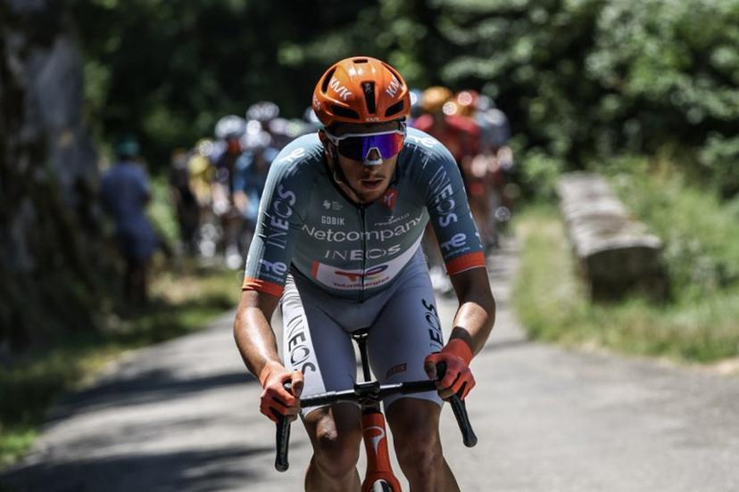 Netcompany Ineos Cycling Team's French rider Kévin Vauquelin cycles during the 7th stage of the Tour Auvergne-Rhone-Alpes cycling race (formerly known as the Criterium du Dauphine), 133,6km between La Bridoire and Grand Colombier in the French Alps on June 13, 2026.  Anne-Christine POUJOULAT / AFP