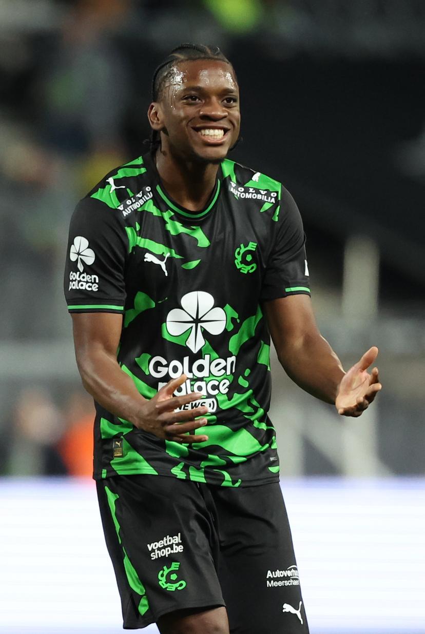 Cercle's Flavio Basilua Jacinto Nazinho celebrates after scoring during a soccer match between Sporting Charleroi and Cercle Brugge, Saturday 07 February 2026 in Charleroi, on day 24 of the 2025-2026 'Jupiler Pro League' first division of the Belgian championship. BELGA PHOTO VIRGINIE LEFOUR