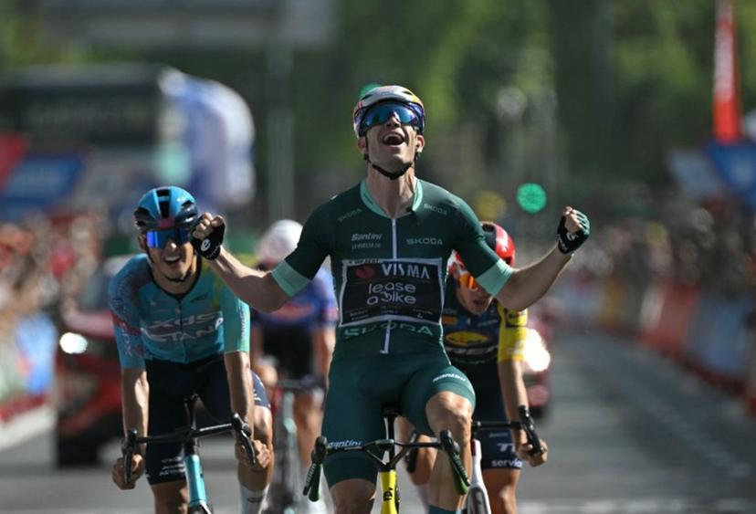 Team Visma-Lease a bike's Belgian rider Wout van Aert celebrates winning the 15th stage of the Vuelta a Espana 2026 cycling tour, a 110,2 km race which was modified from the original itinerary of 189,7 km following the activation of the high temperature protocal, between Palma del Rio and Cordoba, on September 6, 2026.   JORGE GUERRERO / AFP