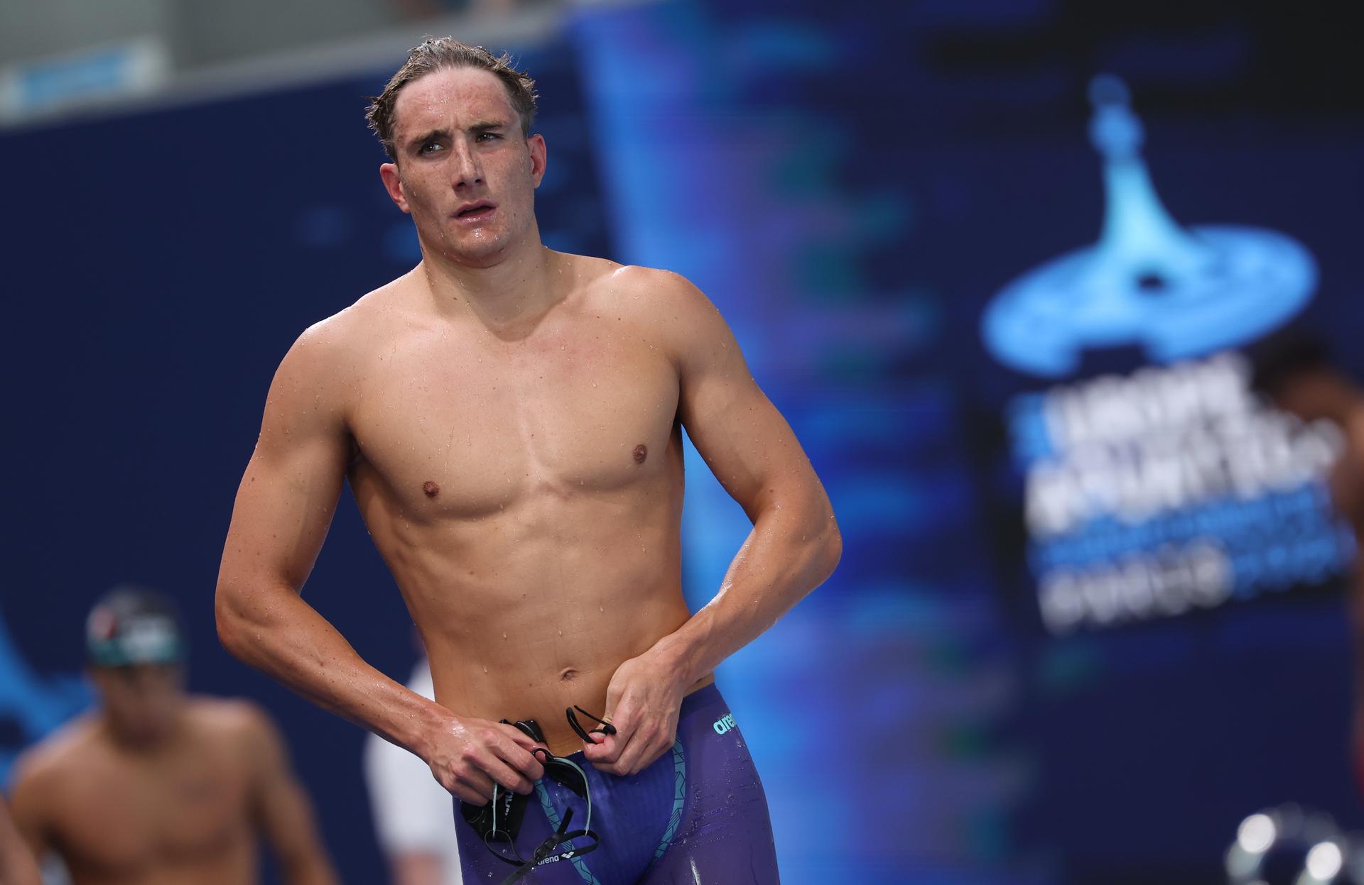 Belgian athlete Lucas Henveaux pictured after the heats of the Men's 400 m freestyle race on the last day of  the European Aquatics Championships in Paris, France on Sunday 16 August 2026. BELGA PHOTO VIRGINIE LEFOUR
