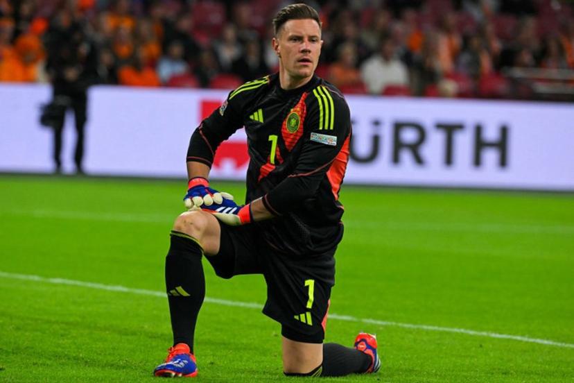 Germany's goalkeeper #1 Marc-Andre Ter Stegen looks on during the UEFA Nations League football match between Netherlands and Germany at the Johan Cruyff Arena in Amsterdam, on September 10, 2024.  NICOLAS TUCAT / AFP