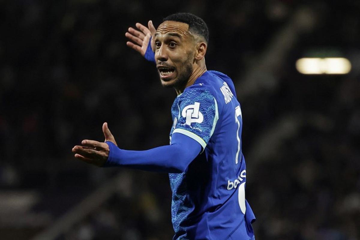 Marseille's Gabonese forward #17 Pierre-Emerick Aubameyang reacts during the French L1 football match between Toulouse FC and Olympique de Marseille (OM) at the TFC Stadium in Toulouse, southwestern France, on March 7, 2026.  Valentine CHAPUIS / AFP