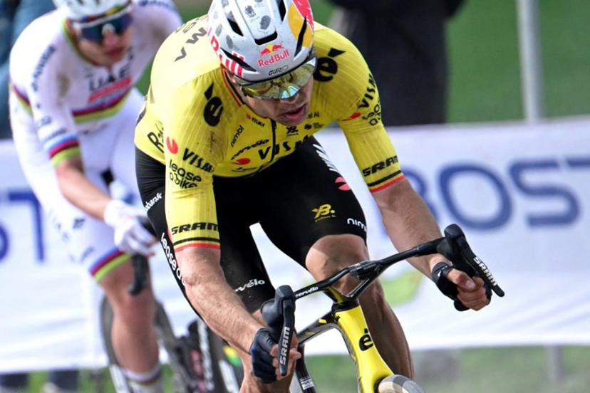 Team Visma - Lease a Bike's Belgian rider Wout van Aert cycles in a breakaway ahead of UAE Team Emirates XRG's Slovenian rider Tadej Pogacar during the 123rd edition of the Paris-Roubaix one-day classic cycling race, 258.3 km between Compiègne and Roubaix, northern France, on April 12, 2026.   Bernard PAPON / POOL / AFP