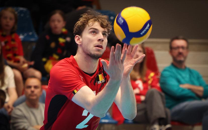 Belgium's Ferre Reggers pictured in action during a volleyball match between Belgium's national men's volleyball team, the Red Dragons, and the Azeri national men's volleyball team, in match 3/6 of the League Round of the European Golden League men, in Beveren, Friday 24 May 2024. BELGA PHOTO VIRGINIE LEFOUR