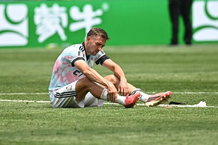 Belgium's defender #21 Timothy Castagne reacts after losing the 2026 World Cup football tournament quarter-final match between Spain and Belgium at the Los Angeles Stadium in Inglewood on July 10, 2026.   Paul ELLIS / AFP