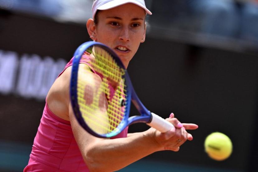 Belgium's Elise Mertens hits a return to Italy's Jasmine Paolini during the WTA Rome Open tennis tournament at Foro Italico in Rome on May 9, 2026.   Tiziana FABI / AFP