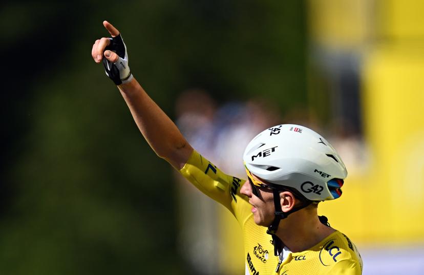 Slovenian Tadej Pogacar of UAE Team Emirates-XRG and pictured as he crosses the finish line of the stage 10 of the 2026 Tour de France cycling race, a stage of 167km from Aurillac to Le Lioran, on Tuesday 14 July 2026. The 113th edition of the Tour de France starts on Saturday 4 July in Barcelona, Spain, and will finish in Paris, France on the 26th of July.  BELGA PHOTO JASPER JACOBS