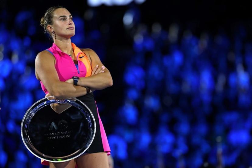 Belarus' Aryna Sabalenka looks on with the runner-up shield after her defeat to Kazakhstan's Elena Rybakina in the women's singles final on Day 14 of the Australian Open tennis tournament in Melbourne on January 31, 2026.  Martin KEEP / AFP