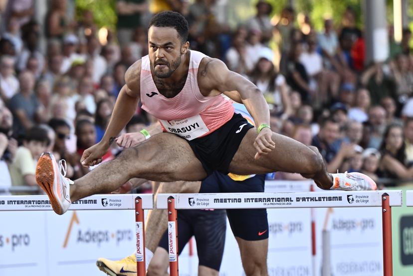 Belgian Michael Obasuyi pictured in action during the 100M hurdles at the 2026 edition of the 'Meeting International d'Athletisme de la Province de Liege' athletics event in Liege, Wednesday 15 July 2026.  BELGA PHOTO ERIC LALMAND
