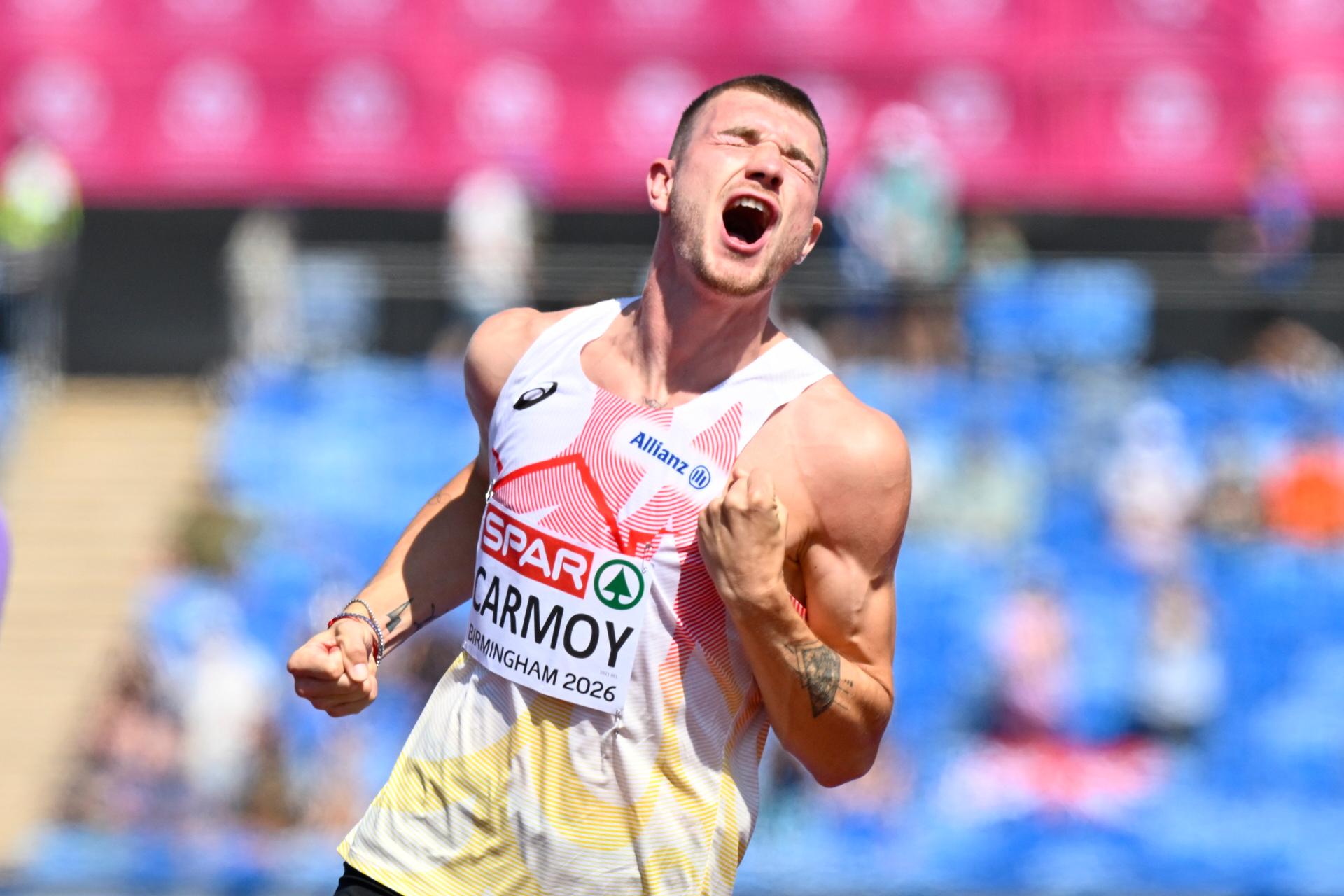 Belgian athlete Thomas Carmoy  celebrates after 2m23 as he qualified for the final during the Men High Jump qualification, on the second day of the European Athletics Championships (August 10-18) in Birmingham, United Kingdom, on Tuesday 11 August 2026. BELGA PHOTO ERIC LALMAND