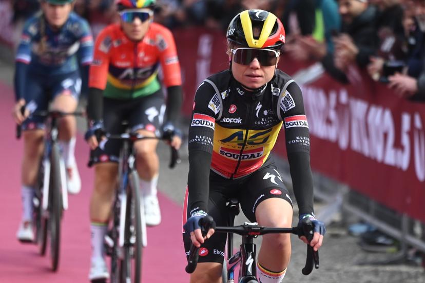 Belgian Justine Ghekiere of AG Insurance-Soudal Team pictured at the start of the women elite 'Strade Bianche' one day cycling race, 133km from and to Siena, Italy, on Saturday 07 March 2026. BELGA PHOTO ELIAS ROM