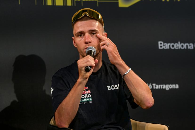 Belgian Remco Evenepoel of Red Bull-BORA-hansgrohe pictured during a press conference ahead of the 2026 Tour de France cycling race, Thursday 02 July 2026, in Barcelona, Spain. The 113th edition of the Tour de France starts on Saturday 4 July in Barcelona, Spain, and will finish in Paris, France on the 26th of July. BELGA PHOTO DAVID PINTENS