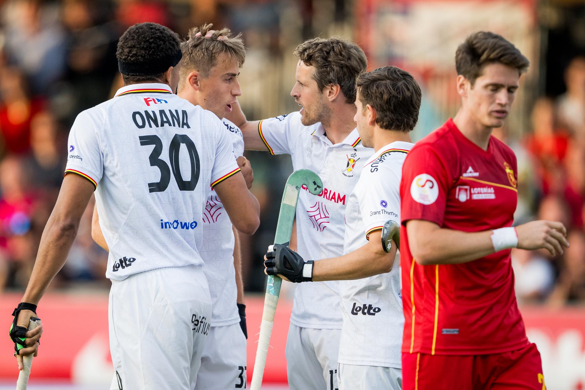 Belgium's Nelson Onana and Belgium's Thomas Crols celebrate during a hockey game between Belgian national team Red Lions and Spain, match 11/16 in the group stage of the 2025 Men's FIH Pro League, Tuesday 17 June 2025 in Antwerp. BELGA PHOTO JASPER JACOBS
