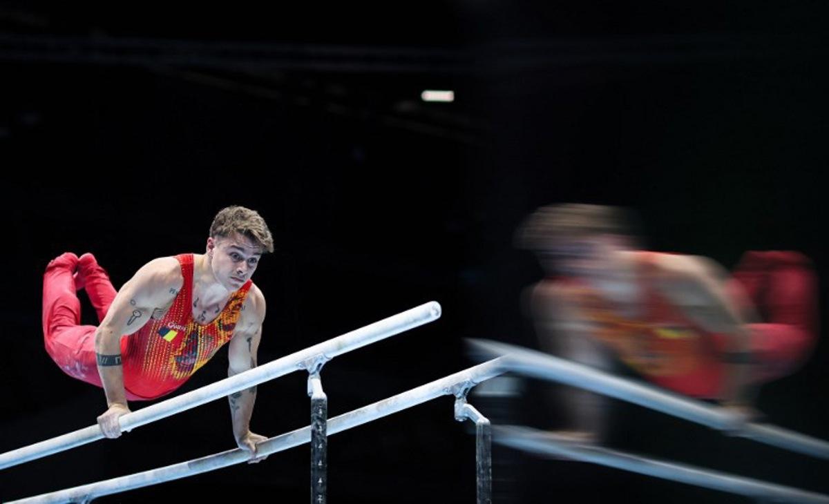 Belgium's Victor Martinez performs on the parallel bars during the Men's all around final of the Men's and Women's Artistic Gymnastics European Championships in Leipzig, eastern Germany on May 29, 2025.  Ronny HARTMANN / afp