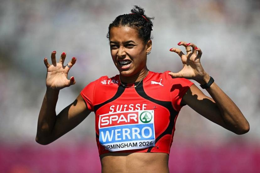 Switzerland's Audrey Werro celebrates after arriving first in the women's 800m heat 3 during the European Athletics Championships at Alexander Stadium in Birmingham on August 11, 2026.  Paul ELLIS / AFP