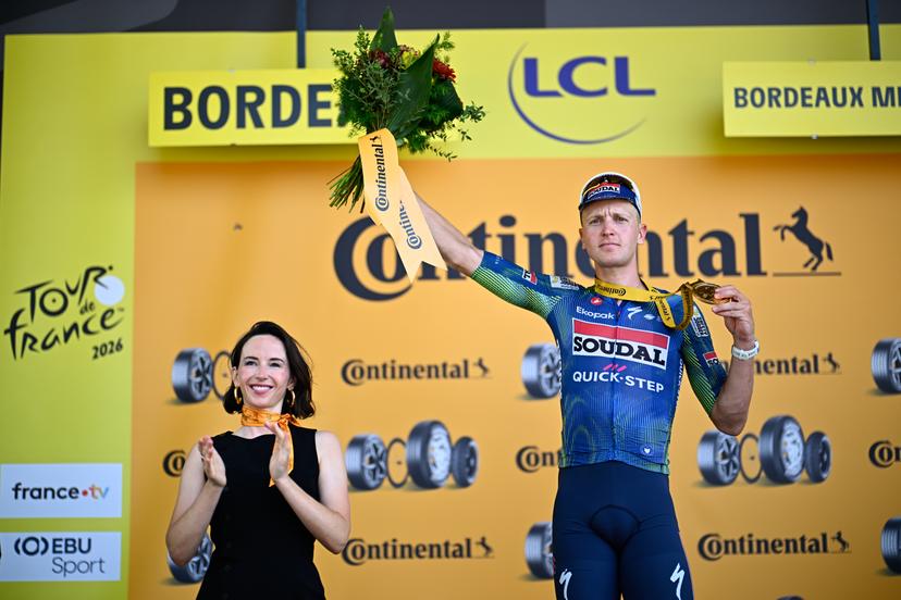 Belgian Tim Merlier of Soudal Quick-Step celebrates on the podium after winning the stage 7 of the 2026 Tour de France cycling race, a stage of 175km from Hagetmau to Bordeaux, on Friday 10 July 2026. The 113th edition of the Tour de France starts on Saturday 4 July in Barcelona, Spain, and will finish in Paris, France on the 26th of July. BELGA PHOTO JASPER JACOBS